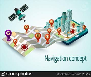 Navigation concept with cartoon mobile phone and isometric map with route markers vector illustration. Mobile Navigation Concept