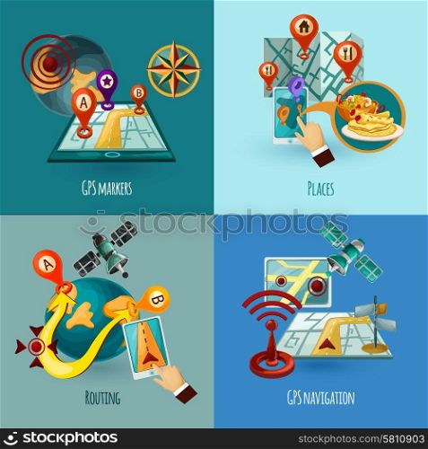 Navigation design concept set with gps markers places routing cartoon icons isolated vector illustration. Navigation Concept Set