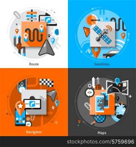 Navigation design concept set with route satellites navigator and maps flat icons isolated vector illustration. Navigation Icons Set
