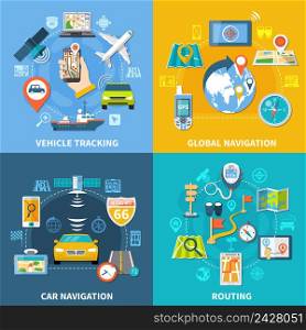 Navigation design concept with four compositions flat pictograms and icons with signboards gps satellites and gadgets vector illustration. Global Routing Design Concept