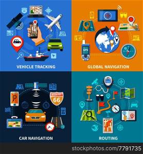 Navigation design concept with four compositions flat pictograms and icons with signboards gps satellites and gadgets vector illustration. Global Routing Design Concept