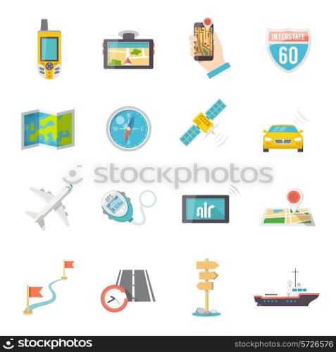 Navigation direction and position finder systems flat icons collection with road map flags abstract isolated vector illustration