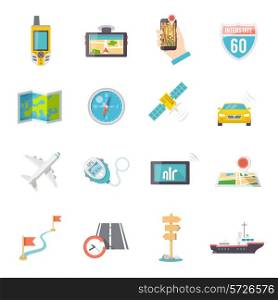 Navigation direction and position finder systems flat icons collection with road map flags abstract isolated vector illustration