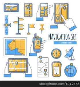Navigation Flat Color Icons Set. Navigation flat color icons set with map compass satellite dish and navigation app on mobile screen isolated vector illustration