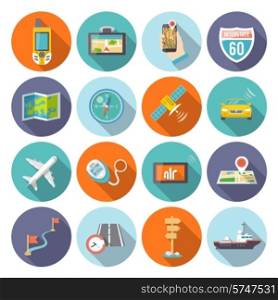 Navigation flat icons set with satellite GPS cell phone system symbols round shadow abstract isolated vector illustration