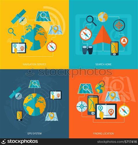 Navigation flat icons set with service search home gps system finding location isolated vector illustration