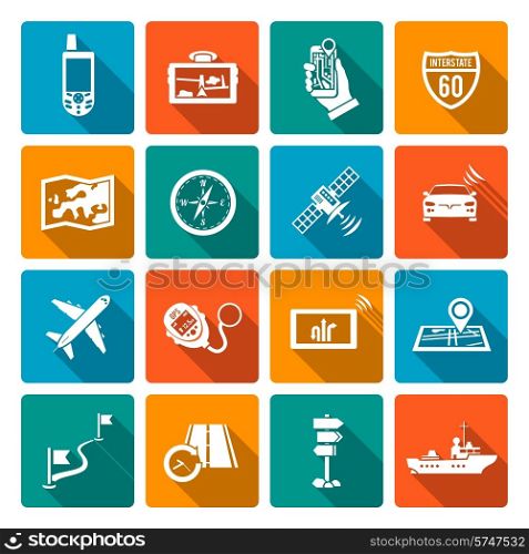 Navigation flat icons set with vessel aircraft position detection system symbol square shadow abstract isolated vector illustration