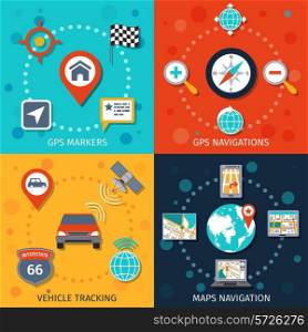 Navigation flat set with gps markers navigations vehicle tracking maps isolated vector illustration