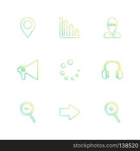navigation , graph , avtar , speaker,  progress , headset ,search , zoom out,  right , zoom in ,icon, vector, design,  flat,  collection, style, creative,  icons