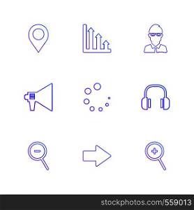 navigation , graph , avtar , speaker, progress , headset ,search , zoom out, right , zoom in ,icon, vector, design, flat, collection, style, creative, icons