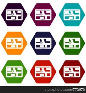 Navigation icon set many color hexahedron isolated on white vector illustration. Navigation icon set color hexahedron