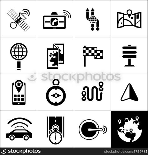 Navigation icons black set with satellite gps navigator maps routes isolated vector illustration. Navigation Icons Black