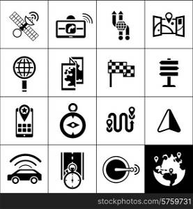 Navigation icons black set with satellite gps navigator maps routes isolated vector illustration. Navigation Icons Black