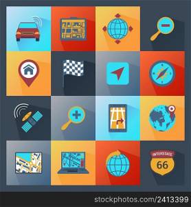 Navigation icons route search gps guide flat set isolated vector illustration