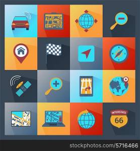 Navigation icons route search gps guide flat set isolated vector illustration