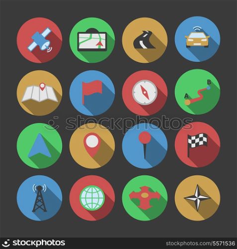 Navigation icons set of pin wind rose radio tower route map isolated vector illustration