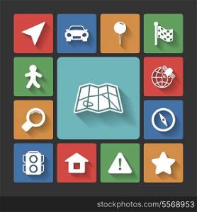 Navigation icons set, squared with long shadows isolated vector illustration