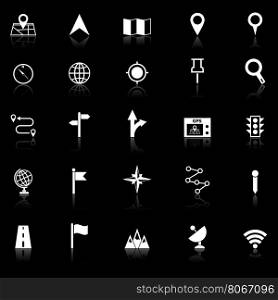 Navigation icons with reflect on black background, stock vector