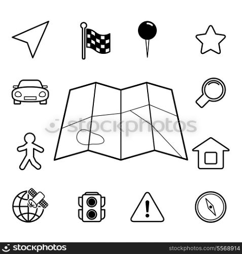 Navigation iconset, contour flat isolated vector illustration