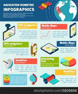 Navigation infographic isometric layout chart . Navigation satellite gps location detector system facts and mobile maps network infographic isometric design abstract vector illustration