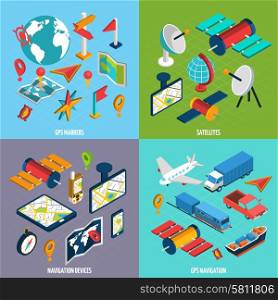 Navigation Isometric Icon Set. Gps navigation satellites markers and devices with symbol and accessories isometric icon set isolated vector illustration