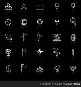 Navigation line icons with reflect on black background, stock vector