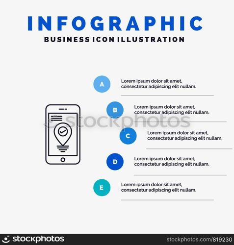 Navigation, Location, Pointer, Smartphone Line icon with 5 steps presentation infographics Background