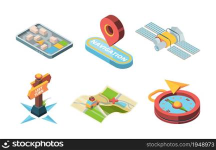 Navigation methods. Road map world navigator for tourism traffic roads sign boards compass vector isometric icon. Navigation service pointer, travel satellite web, vector illustration. Navigation methods. Road map world navigator for tourism traffic roads sign boards compass vector isometric icon