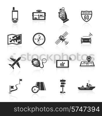 Navigation real time course and position finder system black icons set with compass abstract isolated vector illustration