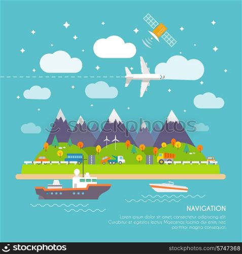 Navigation real time position and direction finder electronic system poster print with aircraft course abstract vector illustration