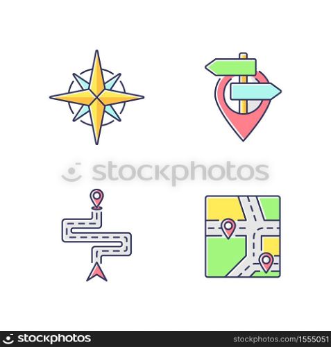 Navigation RGB color icons set. Modern land and marine navigation. Rose of winds, location pointer, route navigator and GPS map. Isolated vector illustrations. Navigation RGB color icons set