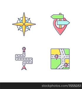 Navigation RGB color icons set. Modern land and marine navigation. Rose of winds, location pointer, route navigator and GPS map. Isolated vector illustrations. Navigation RGB color icons set
