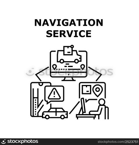 Navigation Service Vector Icon Concept. Navigation Service Technology For Searching Parcel Shipping And Delivery, Smartphone Application For Signalizing Of Traffic Jam On Road Black Illustration. Navigation Service Vector Concept Illustration