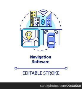 Navigation software concept icon. Public transportation. Digitalization of transport system abstract idea thin line illustration. Vector isolated outline color drawing. Editable stroke. Navigation software concept icon