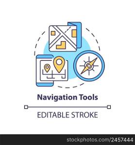 Navigation tools concept icon. Things to pack for refugees. Emergency go bag actions abstract idea thin line illustration. Isolated outline drawing. Editable stroke. Arial, Myriad Pro-Bold fonts used. Navigation tools concept icon