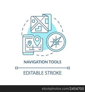 Navigation tools turquoise concept icon. Things to pack. Emergency go bag actions abstract idea thin line illustration. Isolated outline drawing. Editable stroke. Arial, Myriad Pro-Bold fonts used. Navigation tools turquoise concept icon