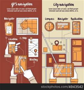 Navigation Vertical Banners. City navigation flat vertical banners with routing maps on screen of gadgets in people hands vector illustration