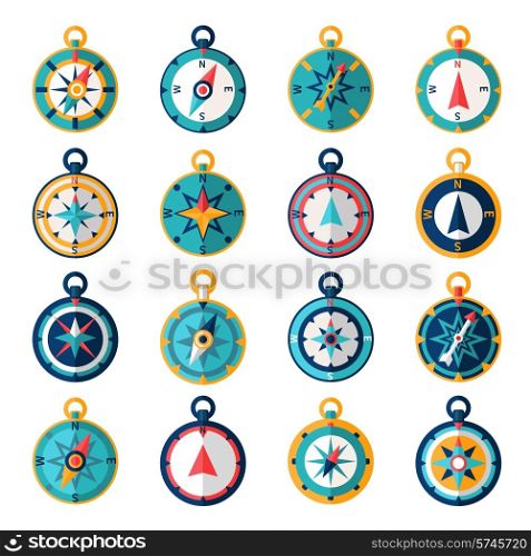 Navigational compass sailing orientation instrument icon flat set isolated vector illustration