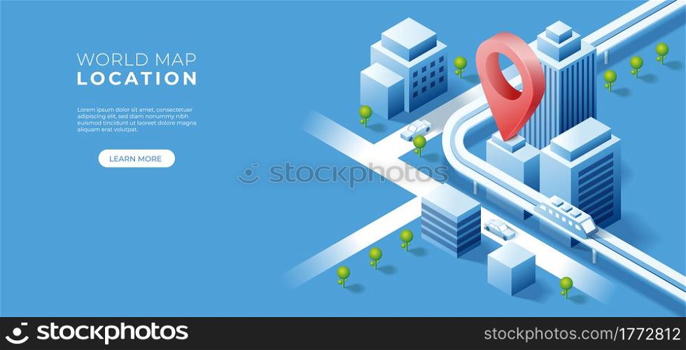 Navigator 3D isometric pin location checking on cityscape map background. Locator position point. Vector art illustration