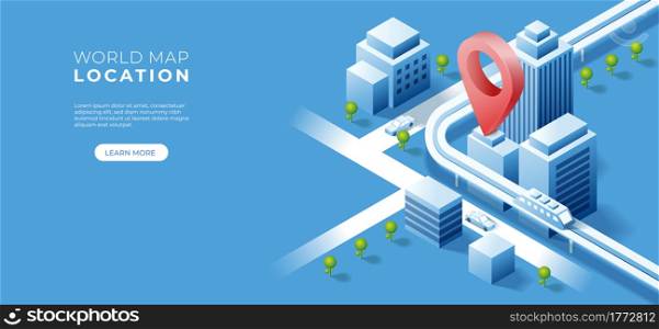 Navigator 3D isometric pin location checking on cityscape map background. Locator position point. Vector art illustration