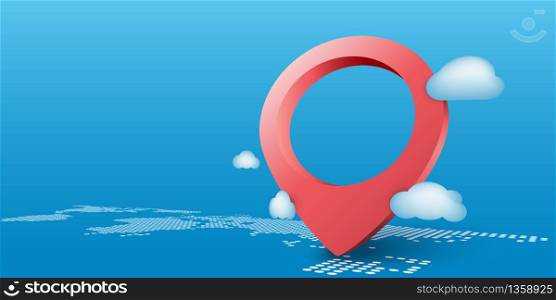 Navigator bank frame pin icon checking on world map background. Locator position point. 3d perspective vector illustration