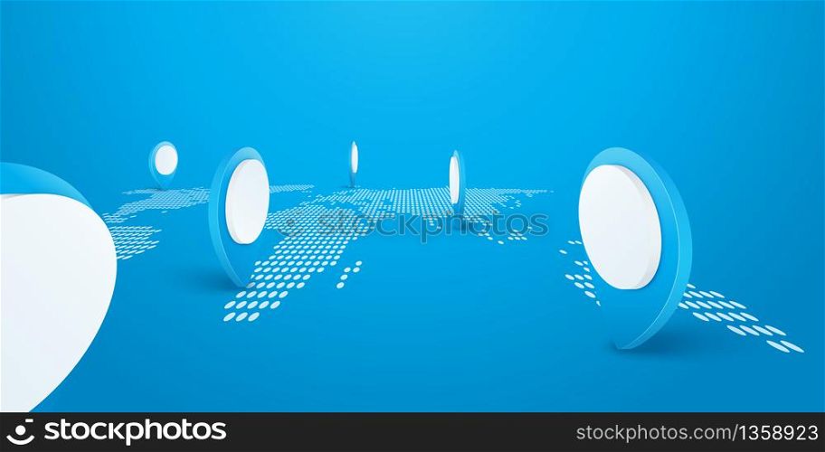 Navigator pin icon checking on world map background. Locator position point. 3d perspective vector illustration
