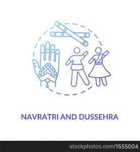 Navratri and dussehra concept icon. Hindu festival idea thin line illustration. Traditional indian accessories and celebrating people vector isolated outline RGB color drawing. Navratri and dussehra concept icon