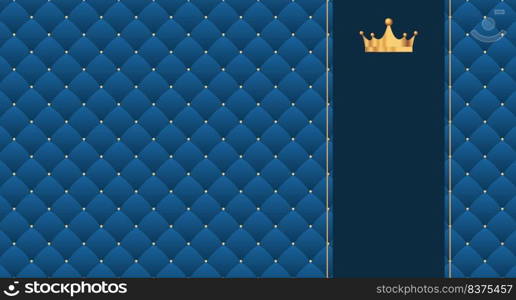 Navy blue seamless pattern in retro style with a gold crown. Can be used for premium royal party. Luxury template with vintage leather texture. Background for king and little prince. Invitation card