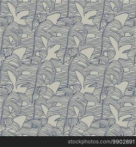 Navy bue contoured monstera eaves silhouettes seamless pattern. Exotic foliage ornament on grey background. Designed for fabric design, textile print, wrapping, cover. Vector illustration.. Navy bue contoured monstera eaves silhouettes seamless pattern. Exotic foliage ornament on grey background.