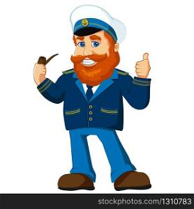 Navy captain character cartoon mascot, old redhead sailor, skipper smiling, smoking pipe in uniform, with thumb up. Vector illustration isolated for logo, mascot, stickers and more.. Navy captain character cartoon mascot, old salor.