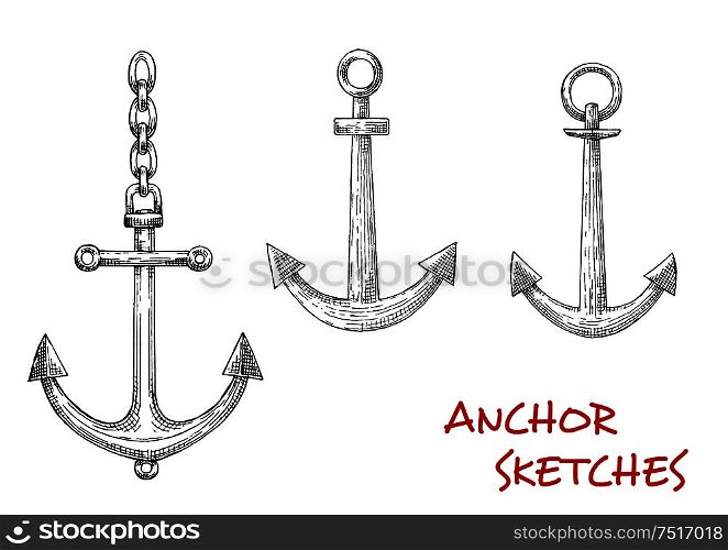 Navy heraldic retro sketches of admiralty marine anchors with attached chains. May be used as maritime mascot, naval symbol or marine sport design. Retro sketches of navy heraldic anchors