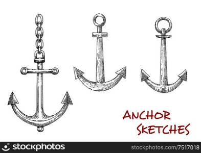 Navy heraldic retro sketches of admiralty marine anchors with attached chains. May be used as maritime mascot, naval symbol or marine sport design. Retro sketches of navy heraldic anchors