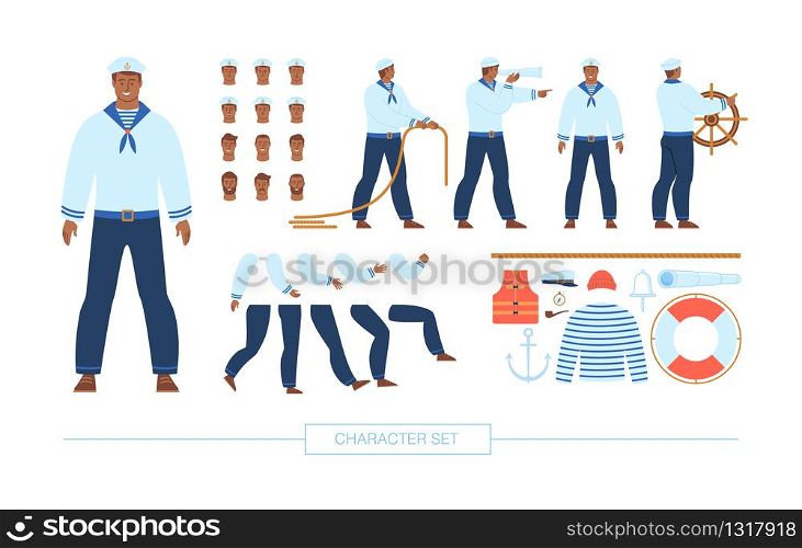 Navy Sailor, Vessel Crewman Character Constructor Trendy Flat Vector, Isolated Design Elements Set. Ship Captain in Various Poses, Body Parts, Emotions Expressions, Sailing Accessories Illustration