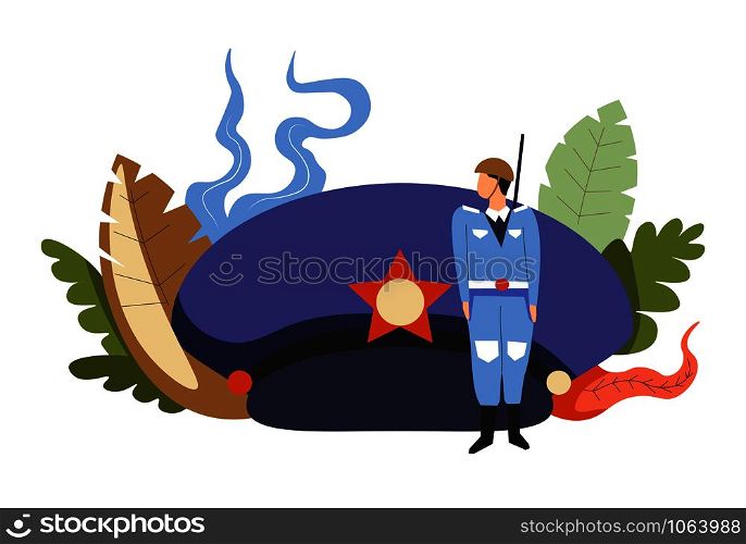 Navy soldier in blue uniform and cap with star among seaweed isolated icon marine in helmet army servant underwater plants ship war strong trained man work at world waters protection and safety vector.. Navy soldier in uniform and cap with star among seaweed isolated icon